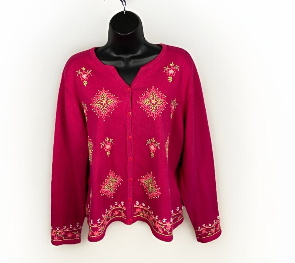 Talbots Vintage 100% Cotton Cardigan Sweater Women’s Embroidered Hong Kong XL